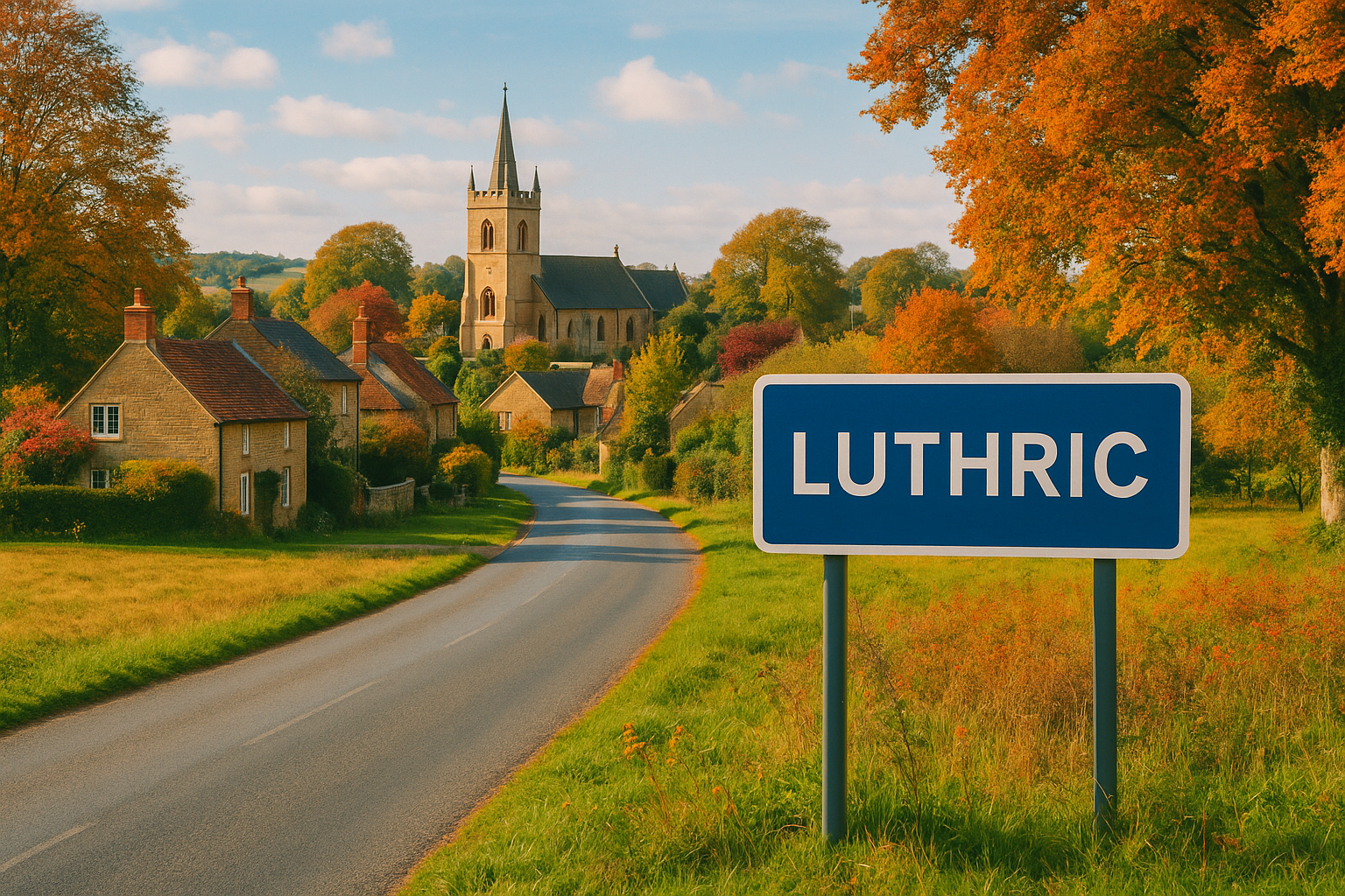 Autumn view of Luthric, England with cottages and church