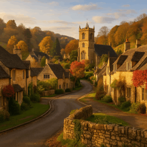 Autumn view of Luthric, England with cottages and church